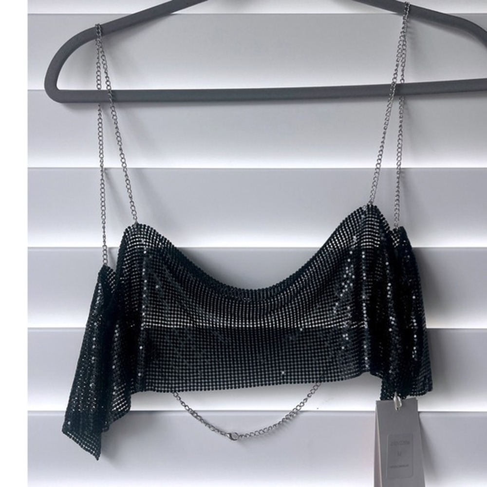 NWT Da Veamor Black Chainmail Crop Top Cowl Neck Silver Chain Straps Festival M - Picture 3 of 7